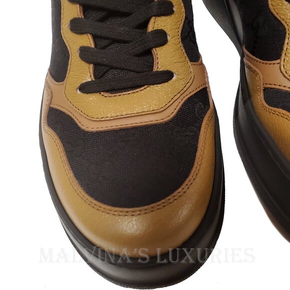 GUCCI MENS SNEAKERS BASKET GG LOGO JACQUARD BROWN LEATHER SHOES sz 10 10.5 US - Picture 6 of 15